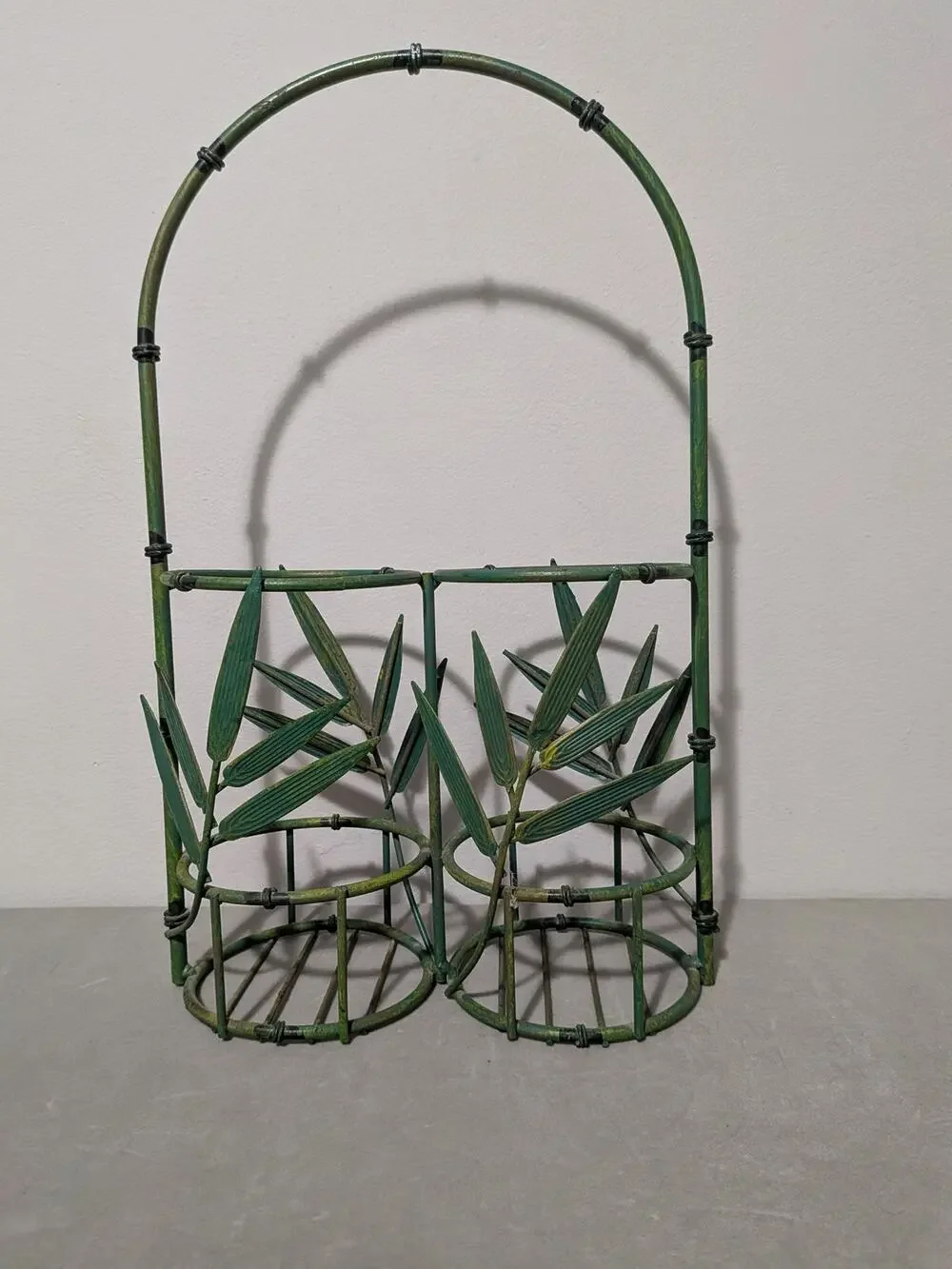 Vintage Green Metal Bamboo Wine Rack Tabletop Holder 16